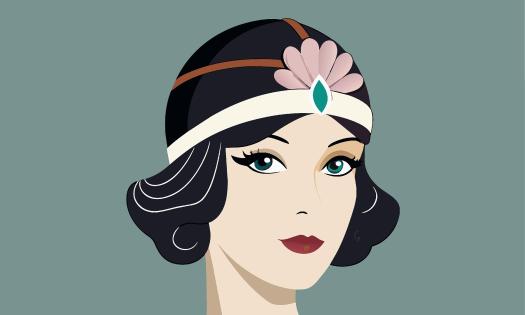 A flapper, with black hair, and a jeweled headband with a pink decoration