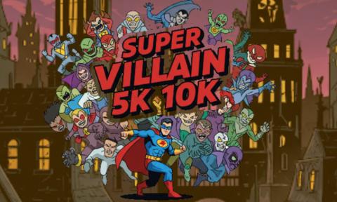 Supervillain 5k and 10k race banner featuring cartoon villains