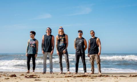 Bandmates from Ballyhoo!, Cydeways, and Beachfly wear glasses and pose on the beach.
