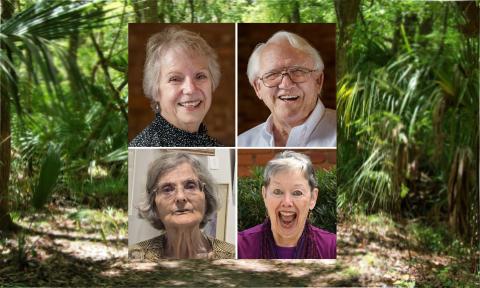 Four Florida Storytellers with a Florida forest in the background