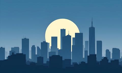 A dark city in silhouette, with a full moon behind the tallest buildings