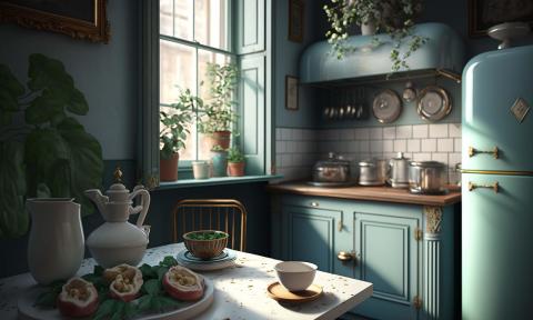 A kitchen from the 1950s in green with an old curved fridge