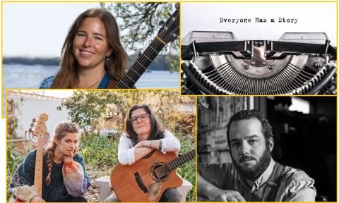 A montage of four musicians, a duo and two solo artist and the Pecha Kucha typewriter
