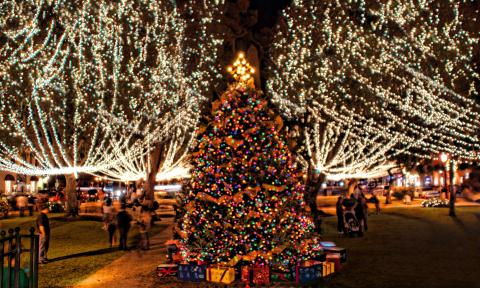 The plaza in St. Augustine, decorated for Nights of Lights