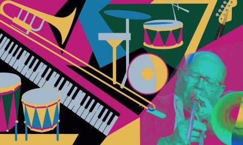 Colorful art featuring various instruments, and a man playing a trombone
