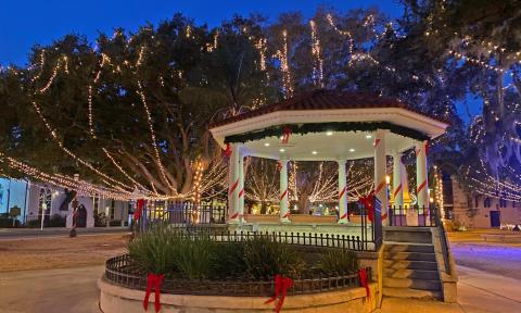 The gazebo in the plaza decorated for Nights of Lights