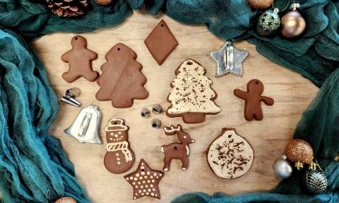 Clay ornaments laid out on a table