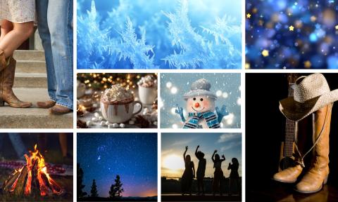 A collage of photos with cowboy boots, line dancing under the starts, and a bon fire