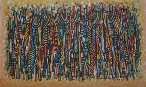A painting by Chike Onuorah, titled "Kingmakers" shows colorful narrow figures in flowing robes massed together on the canvas