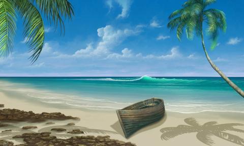 Art depicting a caribbean island with a dugout canoe on shore