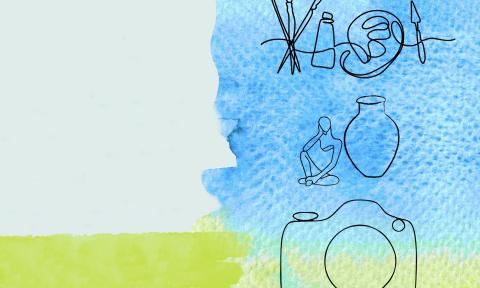 A promo picture of art supplies, pottery, and a camera