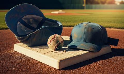 A base on a ball field with a men's and a boy's cap, and a baseball