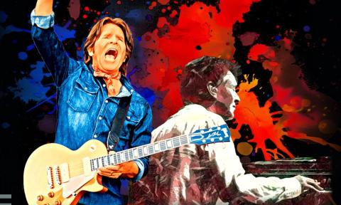 A colorful illustration of John Fogerty and Steve Winwood is presented to fans. 
