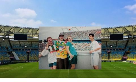 A beautiful, empty soccer statium with a smaller photo of four friends at a match in the 90s