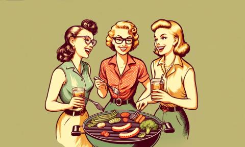An illustration of three women standing around a grill in the mid-1900s