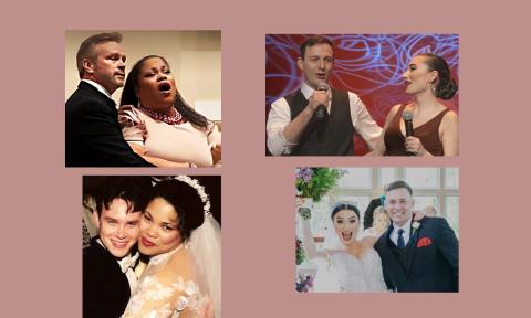 Two images of two couples, at their wedding, and performing