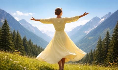 A woman in a flowing yellow dress, standing facing mountains
