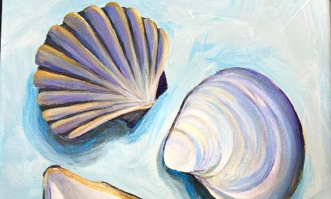 A section of a painting of three seashells