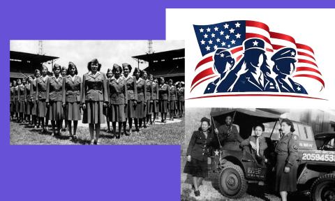 A montage of three items, two groups of women in the military, and a logo for the organzation