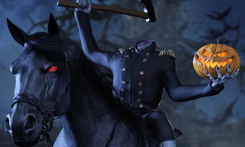 A black horse with a headless rider holding a jack-o-lantern
