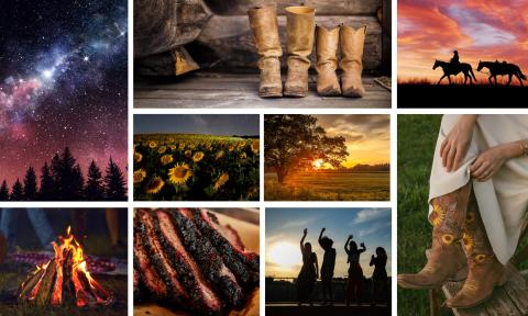 A collage of a bonfire, BBQ, horses, and cowboy boots