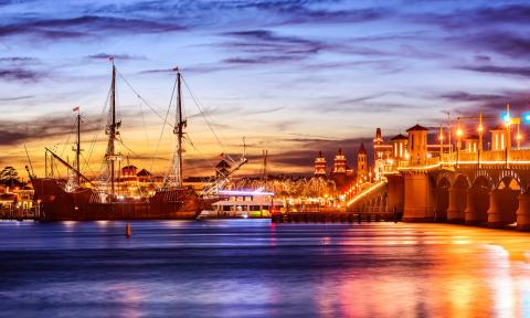 A view of the pirate ship, the Bridge of Lions, and the bayfront during Nights of Lights