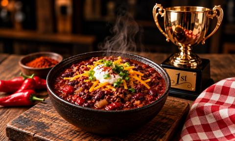 A steaming bowl of chili and a first prize trophy