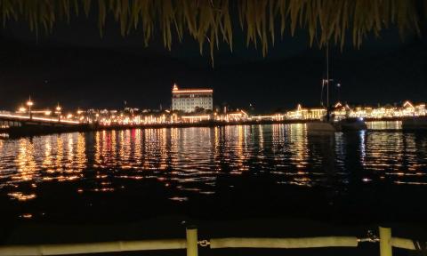 The view of the bayfront during NIghts of Lights from aboard a cruisin' tiki