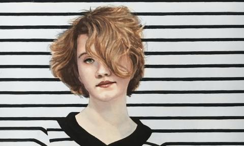 A close-up of the watercolor titled "Between the Lines," by artist Ted Head. 