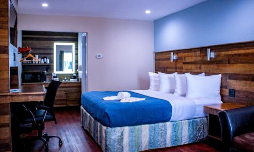 This hotel room features a king with a blue cover and four pillows, against a wooden wall.