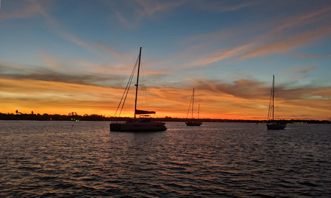 Boats on moorings at sunset in St. Augustine.