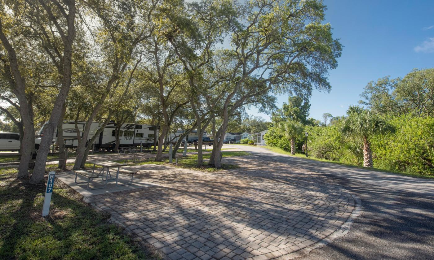 A fully paved RV site and picnic table, shaded by trees