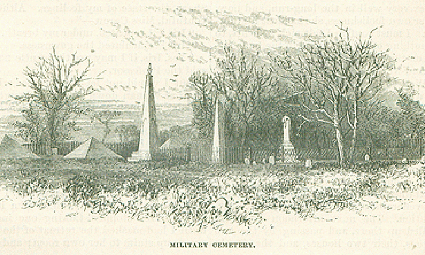 A black and white illustration of a cemetery in St. Augustine, Florida. Several obelisks tower above an iron fence, surrounded by scraggly trees. Two coquina pyramids on the left honor US "victims" of the Seminole War.