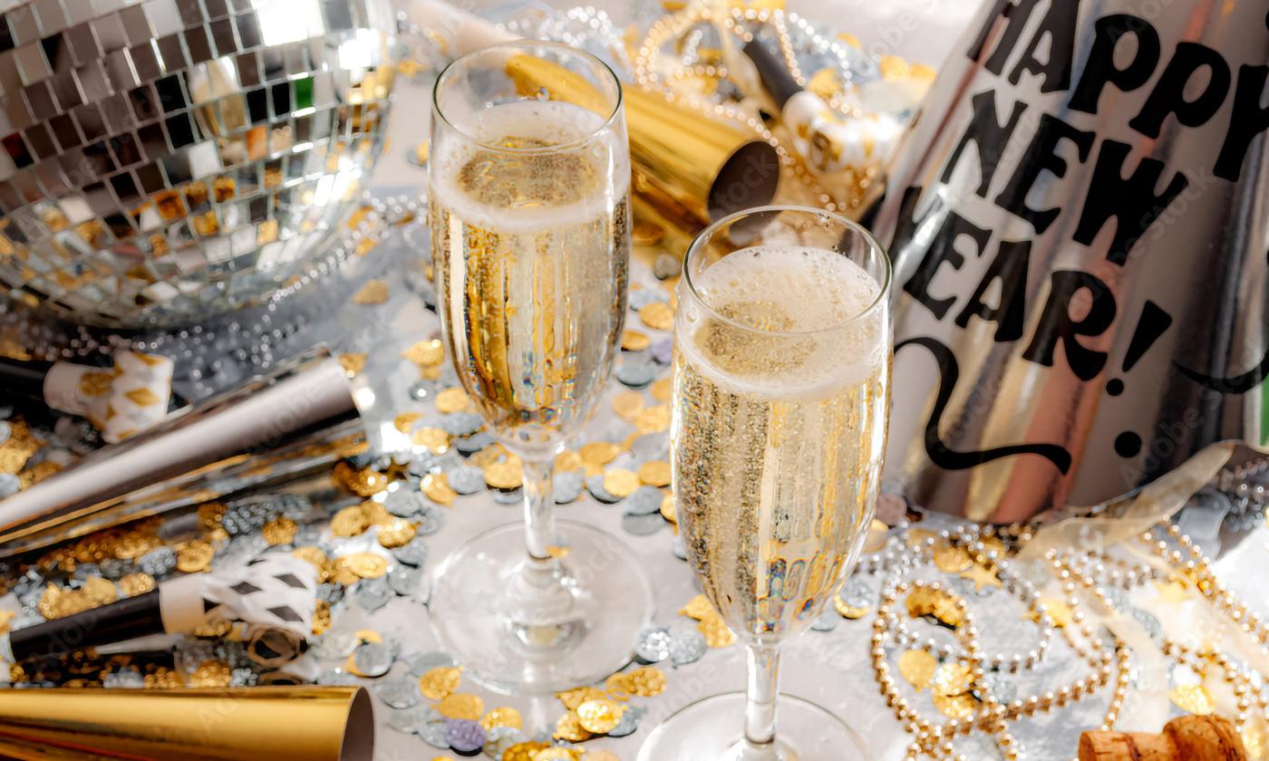 Champagne glasses on a table in celebration of the Junior Service League's New Years Eve gala. 