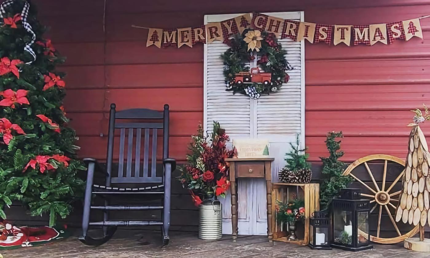 Wesley Wells Farms porch with Christmas decorations. 