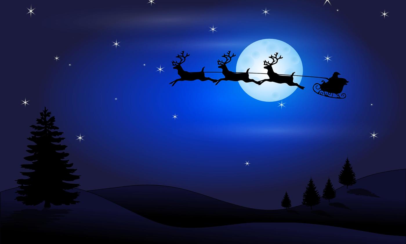 Santa and his reindeer flying past the moon.