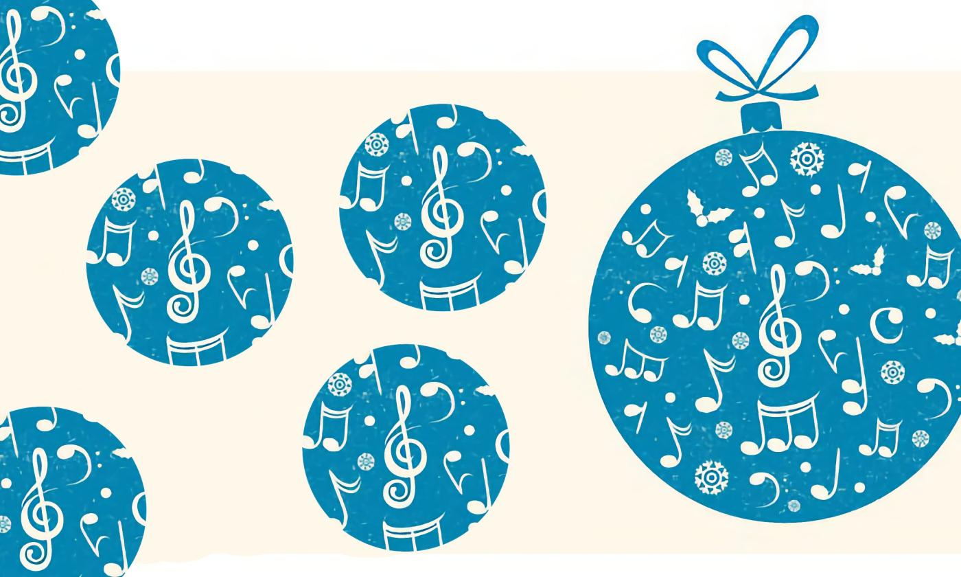 Holiday Hallelujah - blue ornaments with white G clef symbols on them.