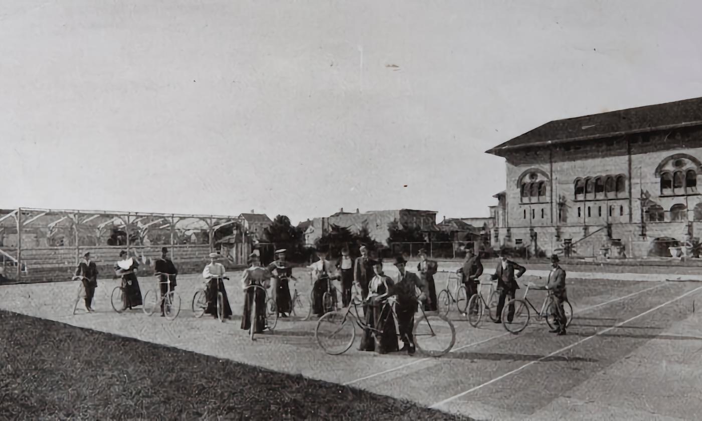 An old black and white photo of the Bicycle Lessons at the Alcazar Hotel in St. Augustine