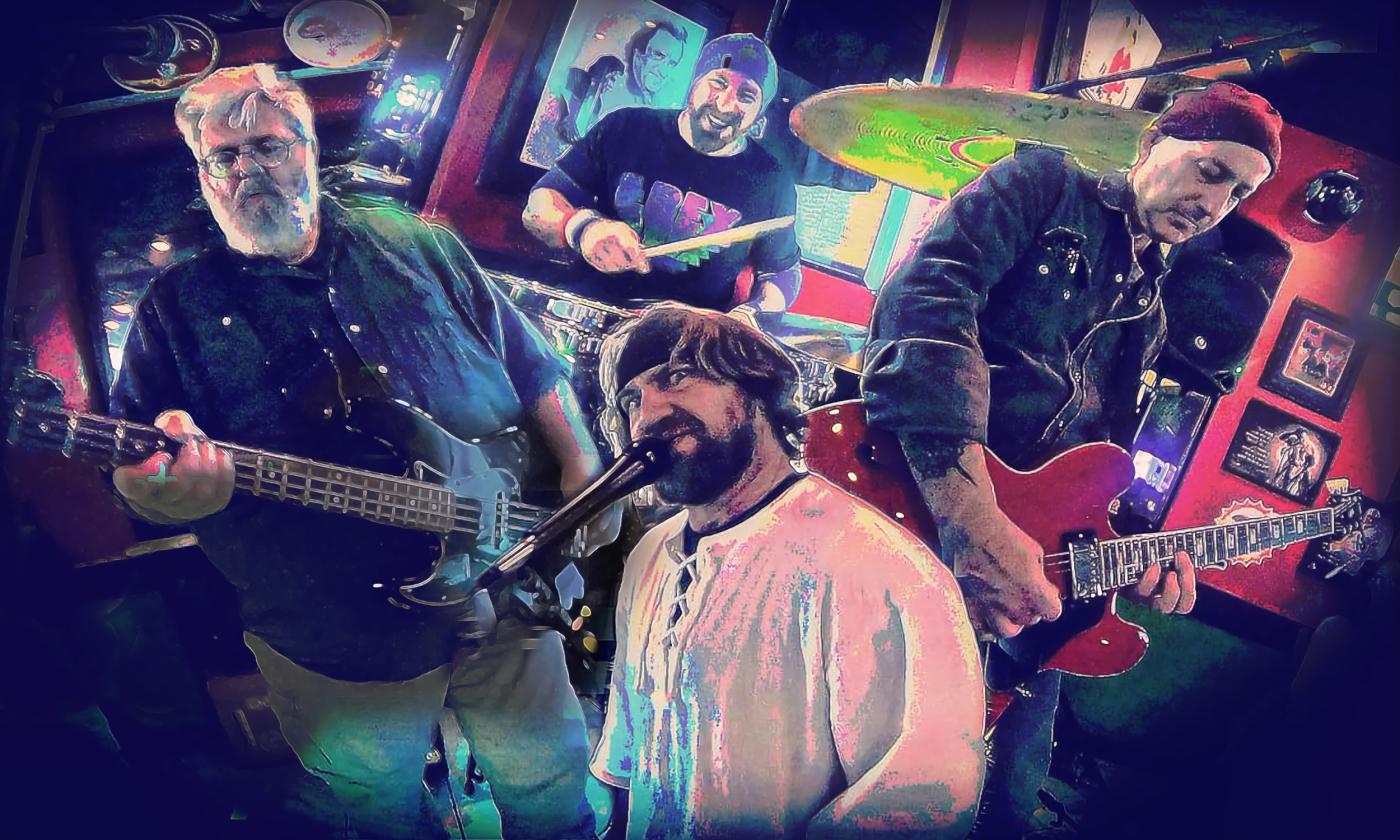 The four-member band, Contact Buzz, in a composite photo