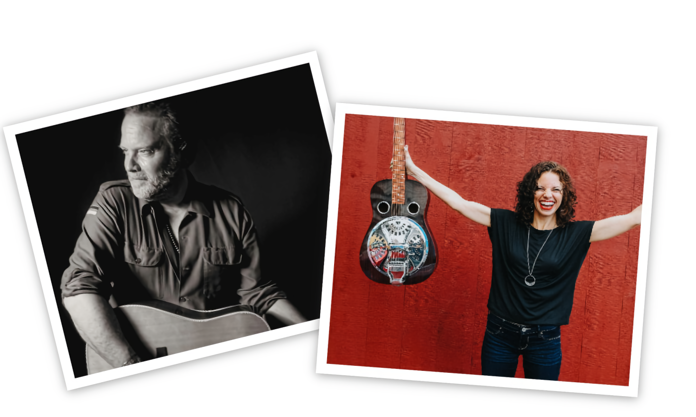 Gardner and Barardo smile and hold their guitars.