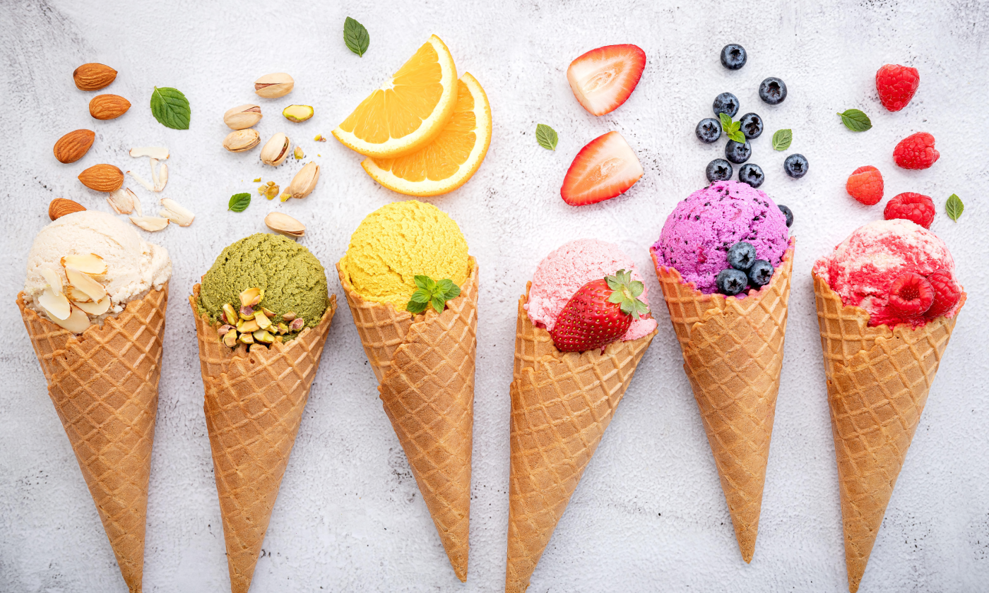 Ice cream with different flavors is placed on display. 