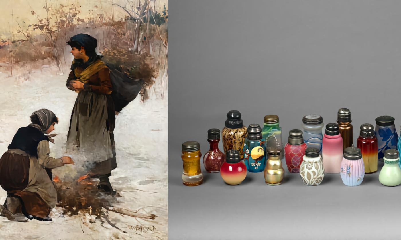 Two photos, one showing a painting of woman gathering hay, and another showing a collection of salt shakers