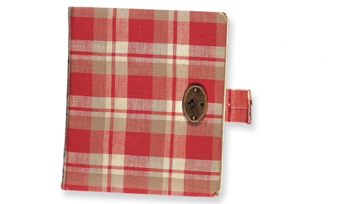 An old, plaid diary, threadbare, on a stark, white background