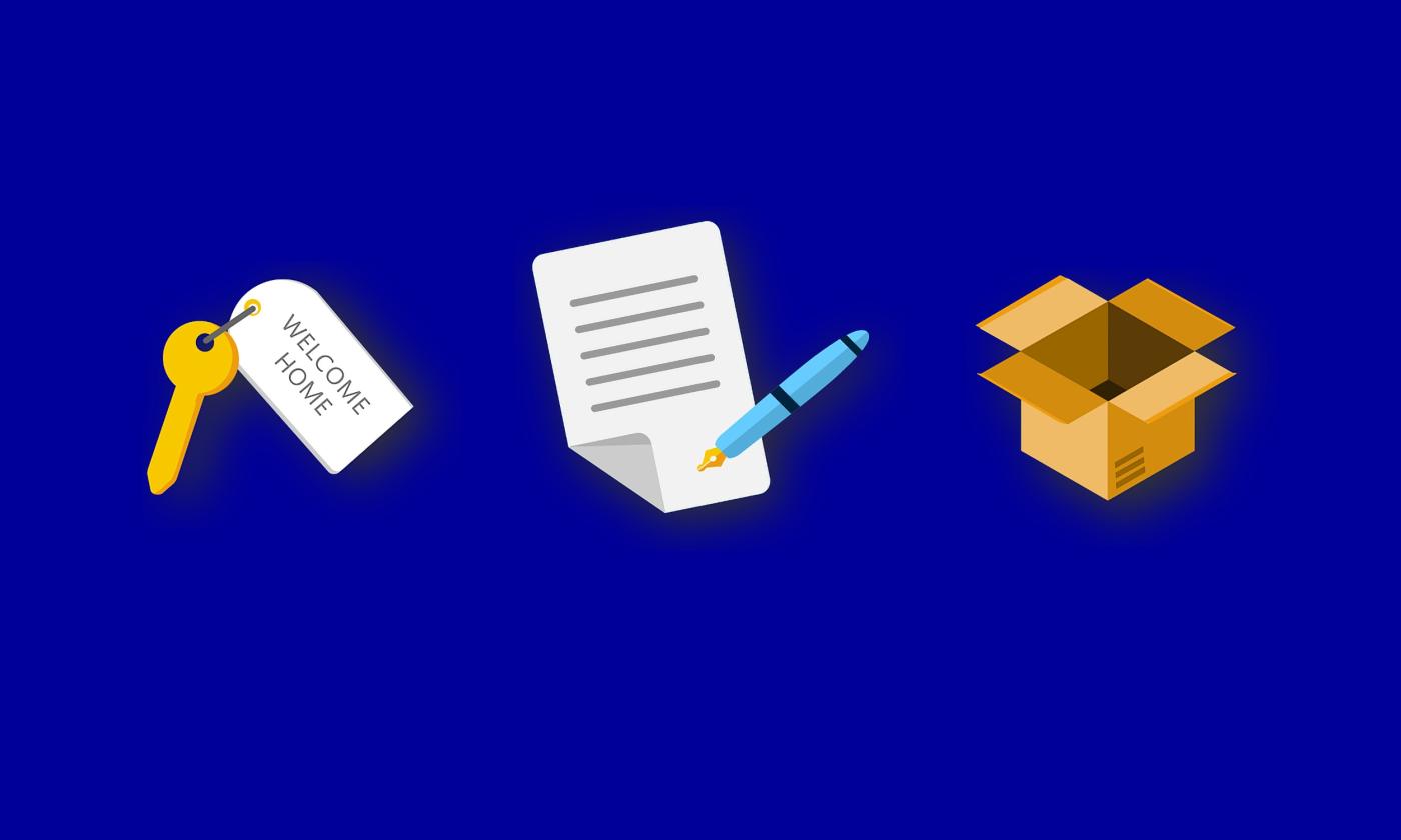 A graphic on bright blue with three images, a key to a new home, a contract, and a moving box