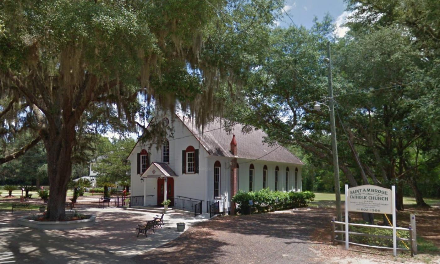 The St. Ambrose Catholic Church in St. Augustine, located among the live oaks