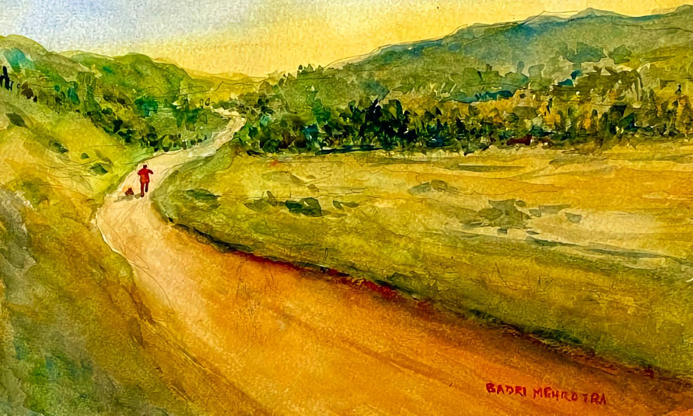 A watercolor, titled "Evening Walk," by Dr. Badri Nath Mehrotra