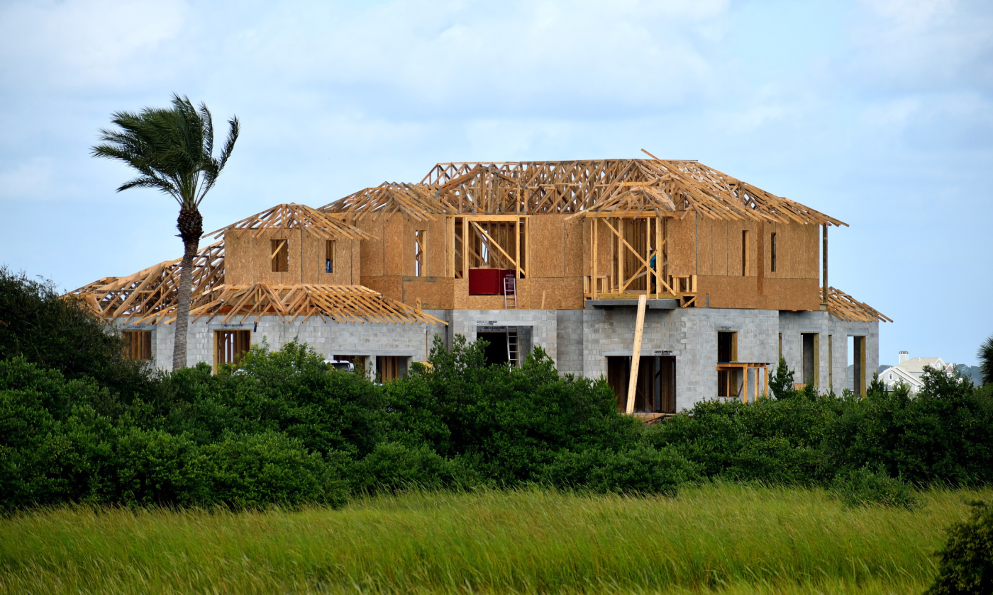 A full color image of a half-built home on the edge of a marsh. A palm tree blows in the wind in the foreground.