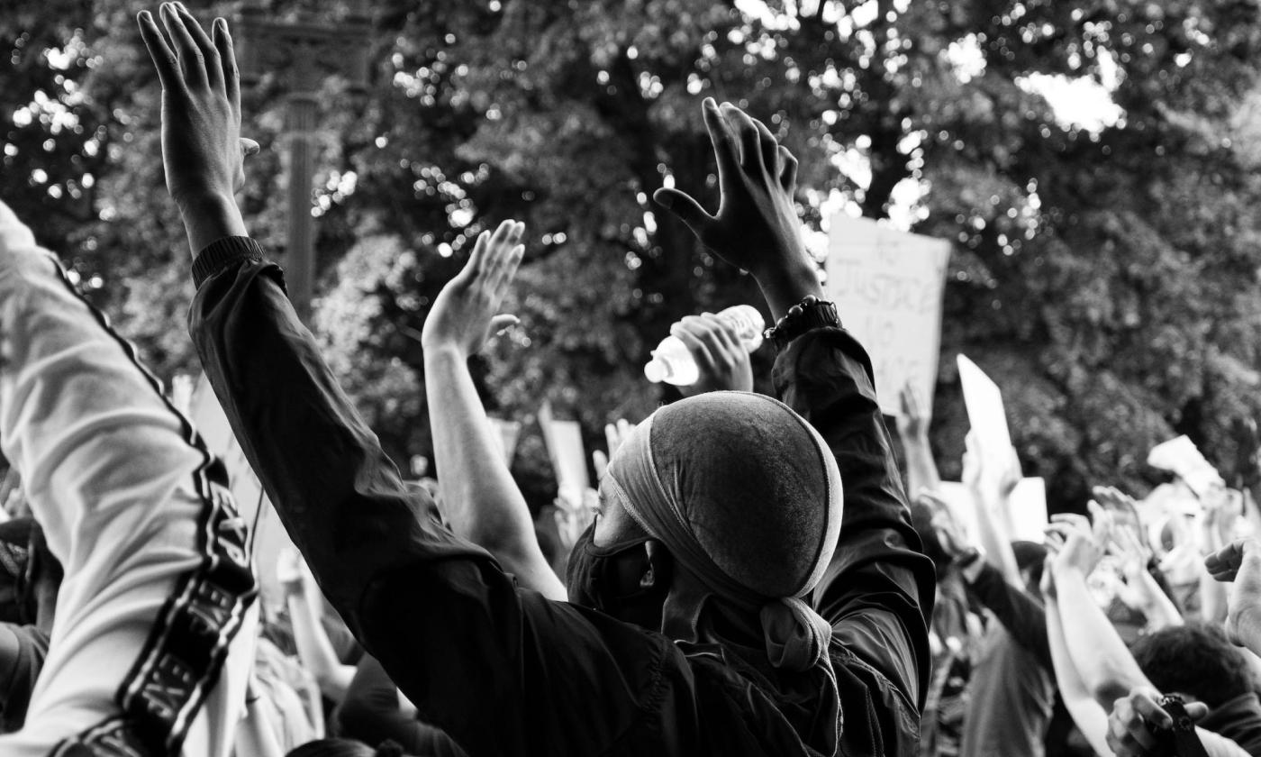 A group of protesters rally and demonstrate at the park. 