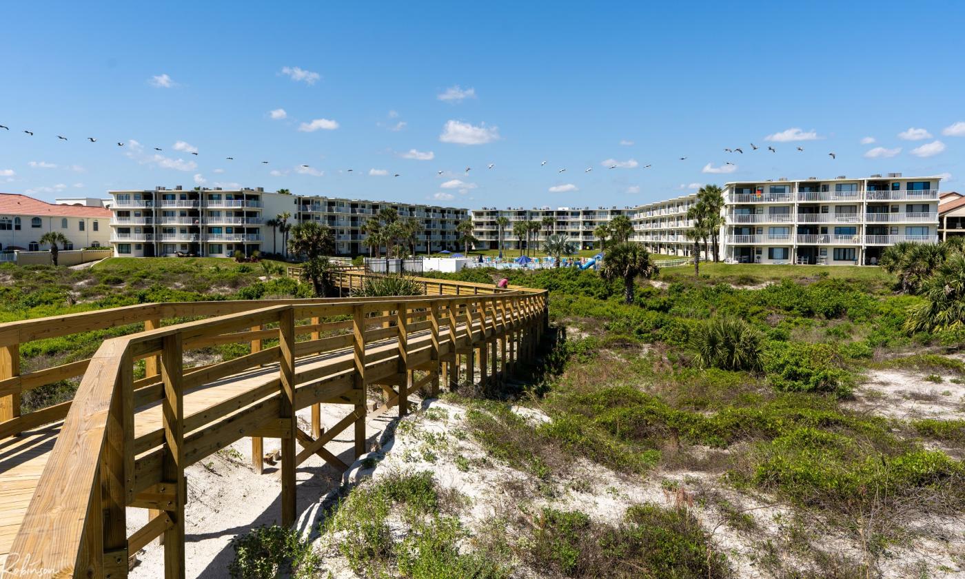 The boardwalk in front of Colony Reef Club with a flock of pelicans overhead