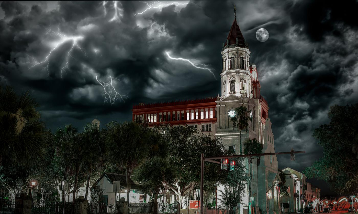A photo of the Cathedral in St. Augustine, admits dark clouds